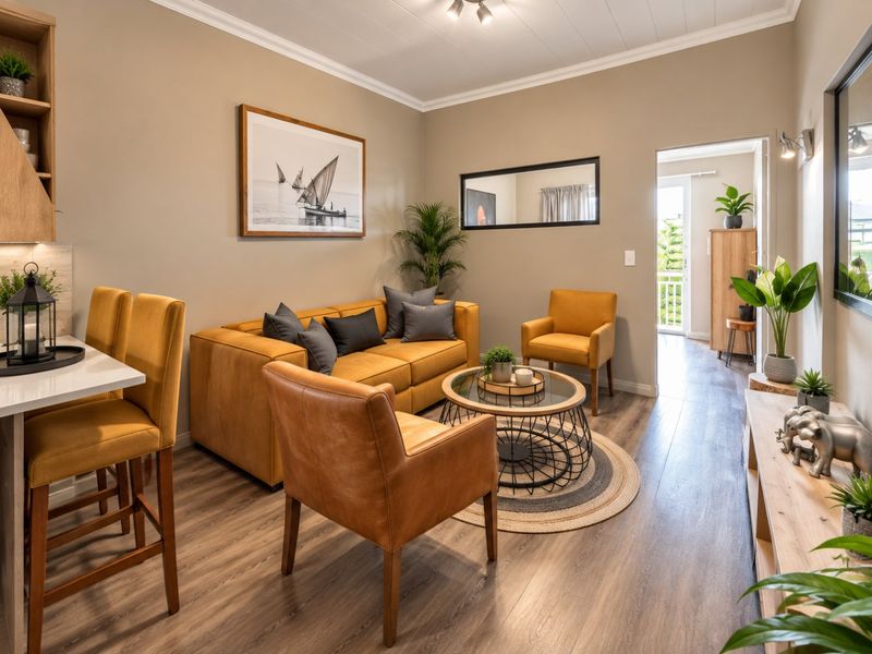 A well-maintained open-plan living area featuring modern laminate flooring, crown molding, and neutral wall tones, providing a bright and inviting space.