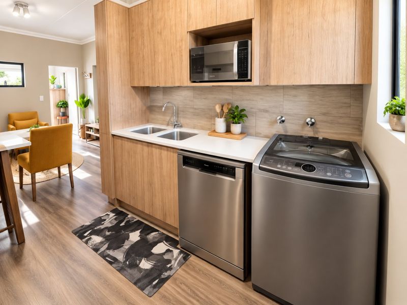 Modern scullery area featuring light wood cabinetry, integrated microwave, double sink, and dedicated plumbing connections for laundry appliances.