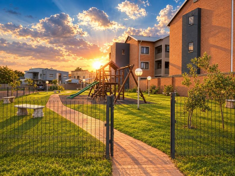 A well-maintained communal garden area featuring brick pathways, landscaped lawns, secure perimeter fencing, and a children's playground set against a sunset backdrop.