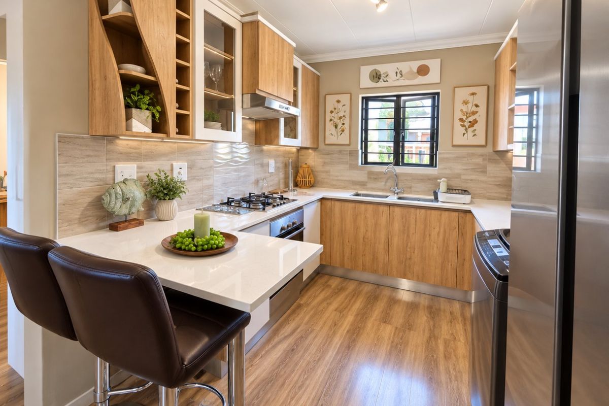 Modern kitchen featuring wood-finish cabinetry, stone countertops, integrated gas hob, built-in oven, and a breakfast bar area with laminate flooring.