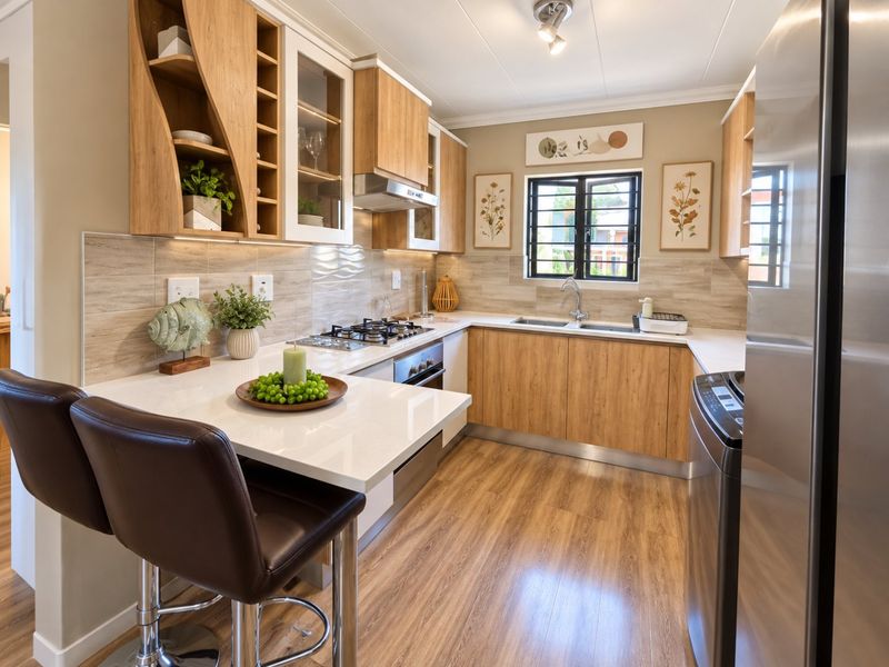 Modern kitchen featuring wood-finish cabinetry, stone countertops, integrated gas hob, built-in oven, and a breakfast bar area with laminate flooring.