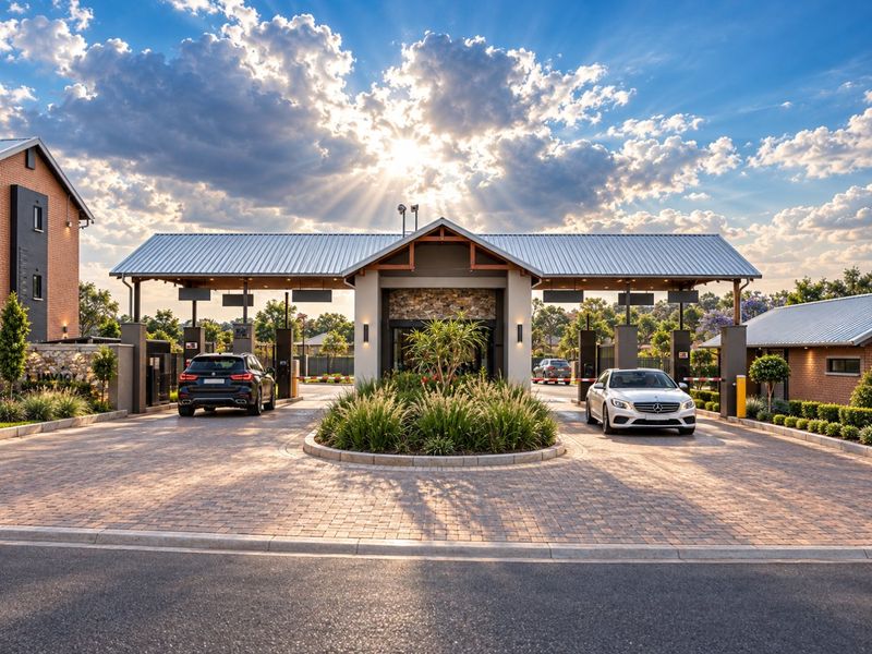 A professional view of the secure estate entrance featuring a modern gatehouse, paved driveway, and landscaped traffic island under a dramatic sunset sky.