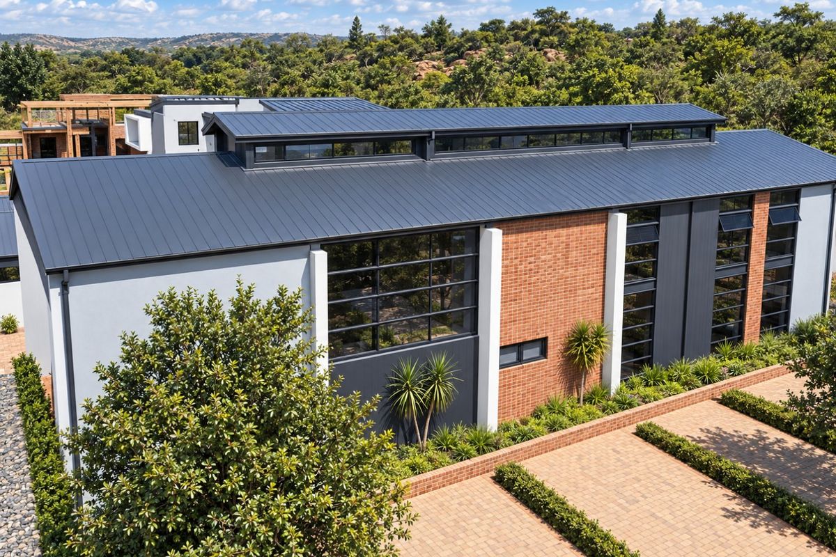 Aerial view of a modern townhouse featuring a sleek metal roof, brick and rendered facade, and large windows set within a landscaped environment.