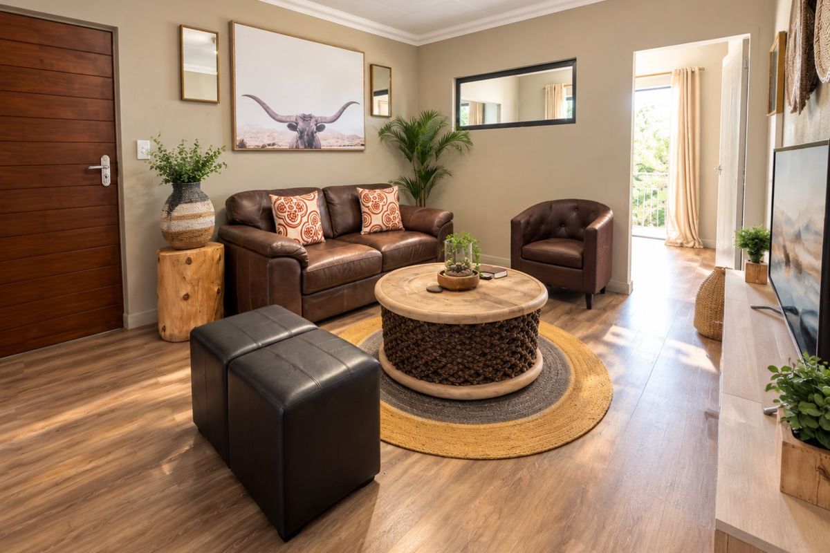 A well-maintained living room featuring warm-toned laminate flooring, a solid wood door, and coved ceiling details, leading to an adjacent outdoor space.