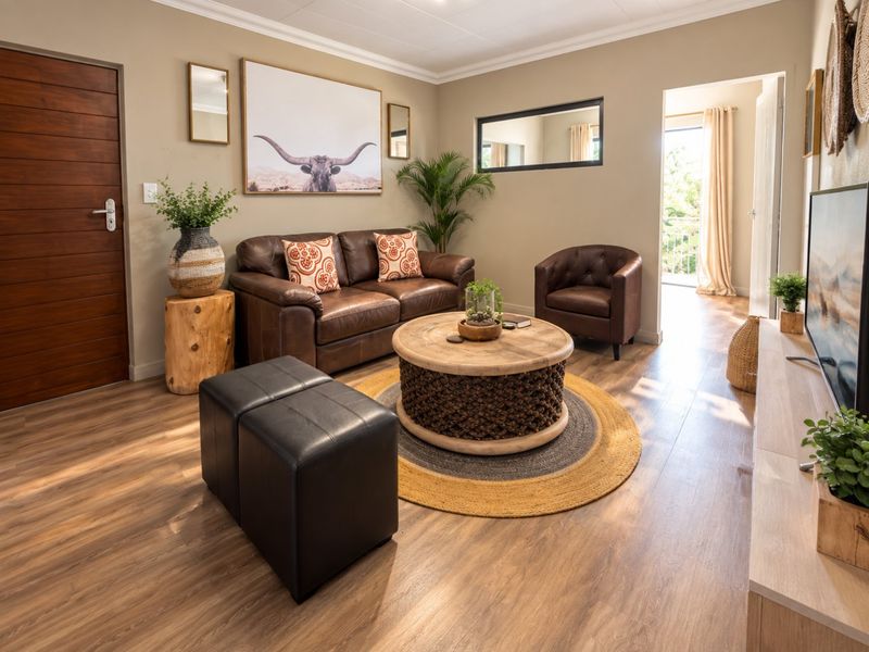 A well-maintained living room featuring warm-toned laminate flooring, a solid wood door, and coved ceiling details, leading to an adjacent outdoor space.