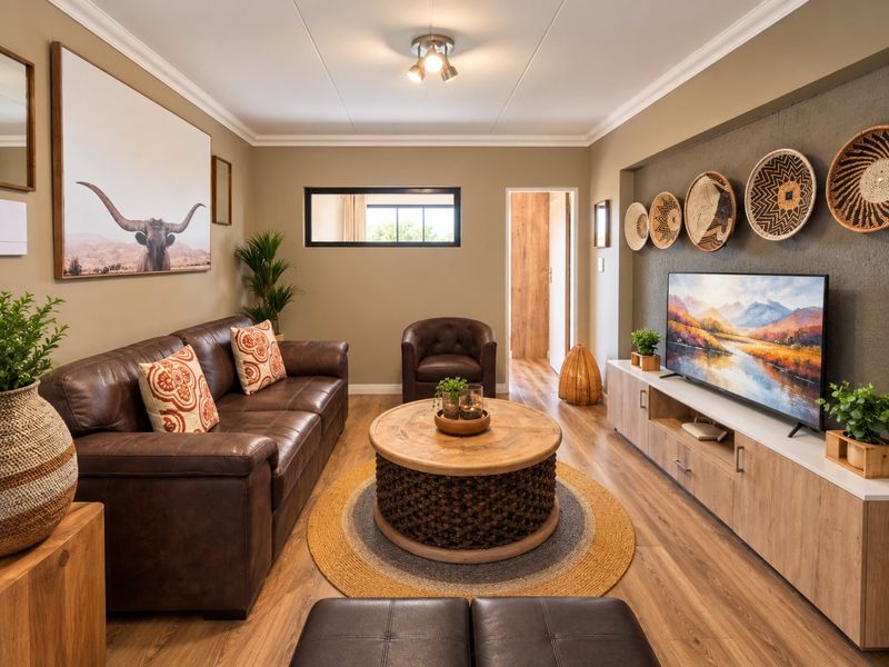 A well-maintained living room featuring laminate flooring, cove cornicing, and a custom built-in media console set within a recessed wall niche.