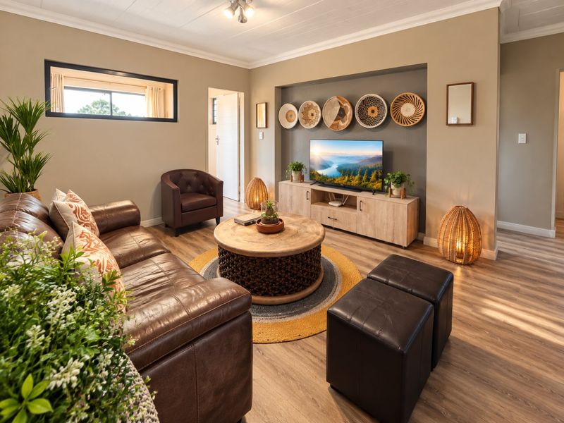 A well-maintained living room featuring laminate flooring, a recessed media wall niche, and coved ceiling details, creating a warm and inviting atmosphere.