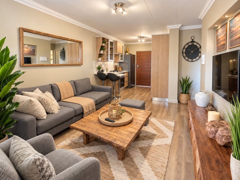 A well-maintained open-plan living and kitchen area featuring modern laminate flooring, neutral wall tones, and integrated kitchen cabinetry with built-in appliances.