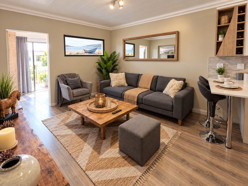 A bright open-plan living area featuring modern laminate flooring, a sleek kitchen breakfast bar, and direct access to an outdoor patio through sliding doors.