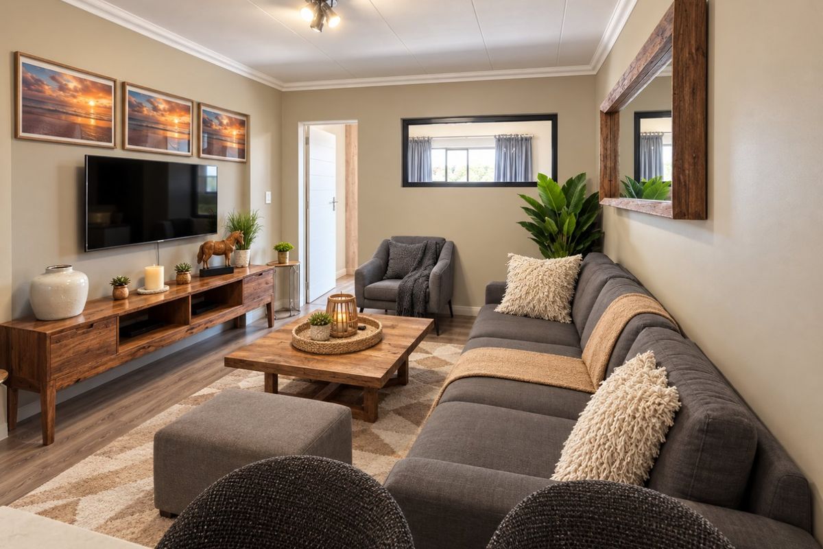 A well-maintained living room featuring laminate flooring, cove cornicing, and neutral wall tones, creating a comfortable and inviting space.