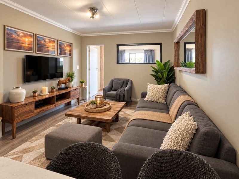 A well-maintained living room featuring laminate flooring, cove cornicing, and neutral wall tones, creating a comfortable and inviting space.