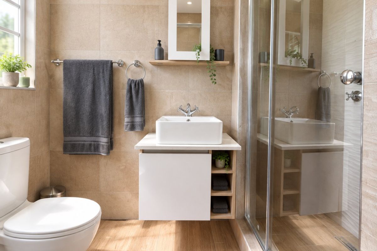 Modern bathroom featuring a wall-mounted vanity with vessel sink, glass-enclosed shower, and neutral floor-to-ceiling tiling.