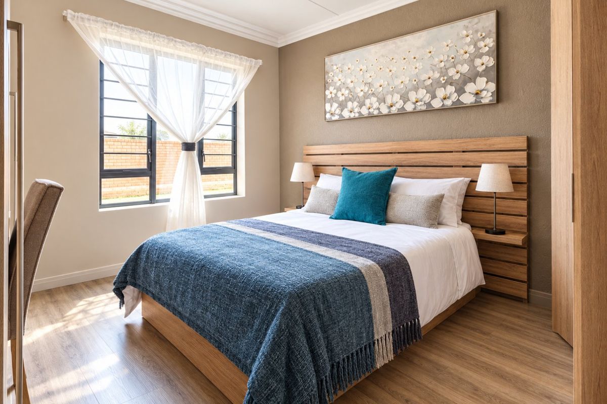 A well-maintained bedroom featuring modern laminate flooring, neutral wall tones, and a built-in wardrobe, offering a clean and comfortable living space.