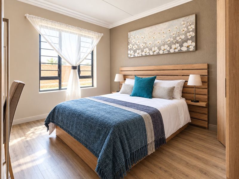 A well-maintained bedroom featuring modern laminate flooring, neutral wall tones, and a built-in wardrobe, offering a clean and comfortable living space.