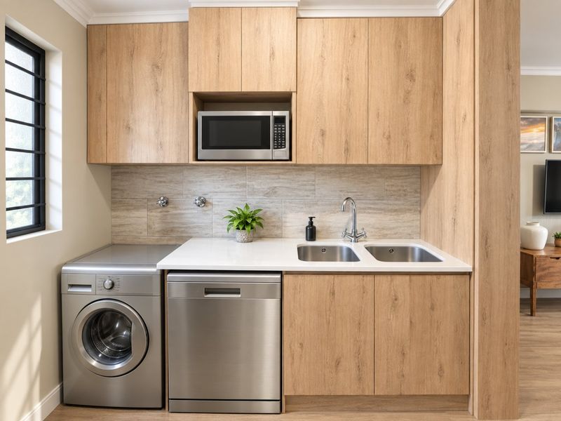 Modern scullery featuring light wood-grain cabinetry, stone countertops, a double sink, and integrated microwave, providing a clean and functional secondary kitchen workspace.