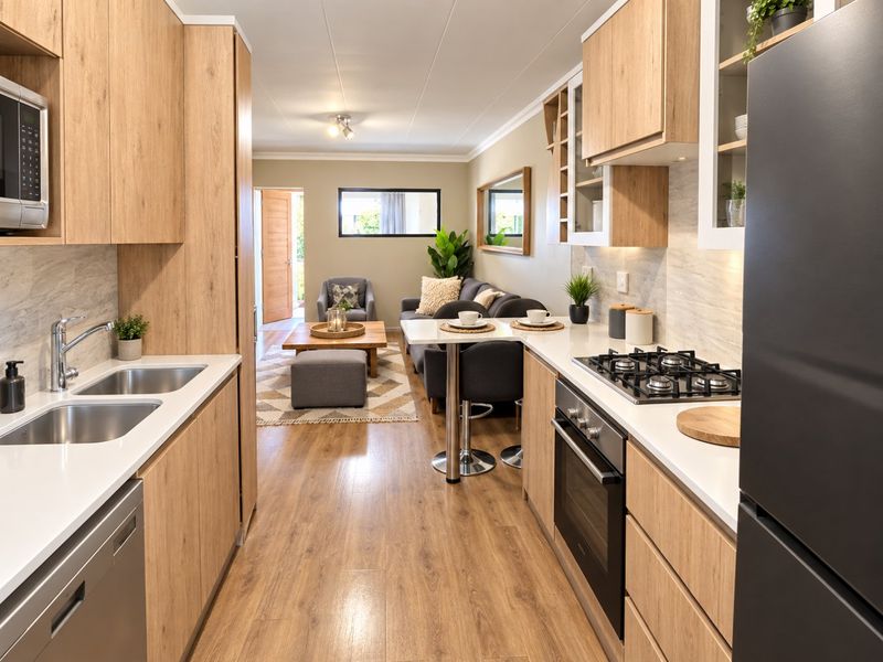 Modern open-plan kitchen and living area featuring light wood cabinetry, stone countertops, gas hob, and integrated appliances, creating a seamless and functional living space.