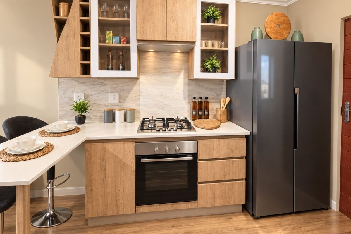Modern kitchen featuring light wood cabinetry, stone countertops, built-in gas hob, oven, and an integrated breakfast bar area.