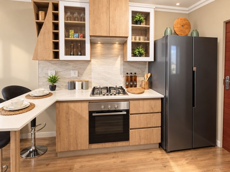 Modern kitchen featuring light wood cabinetry, stone countertops, built-in gas hob, oven, and an integrated breakfast bar area.