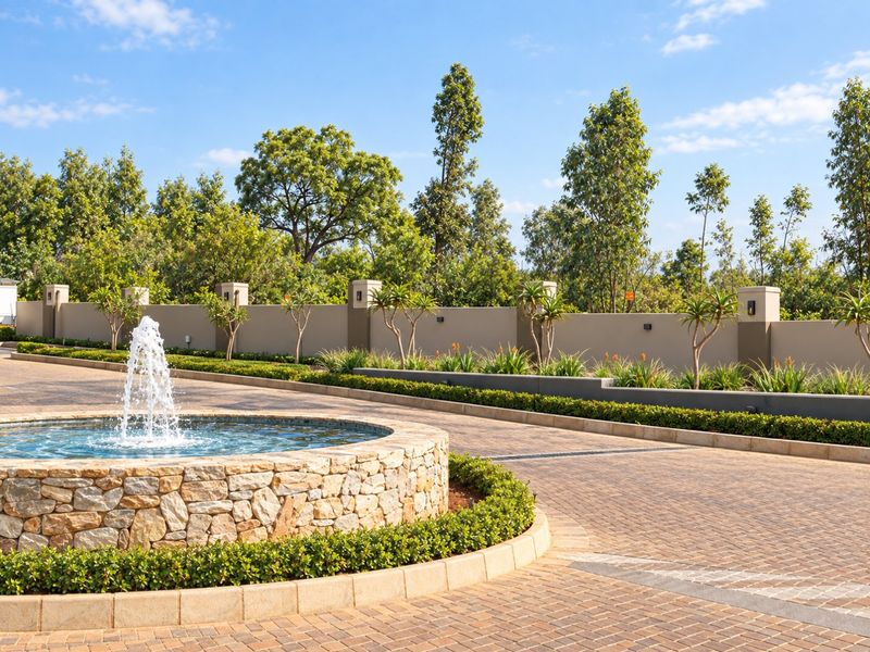 A well-maintained entrance area featuring a stone-clad water fountain, paved driveway, and landscaped garden beds against a secure perimeter wall.