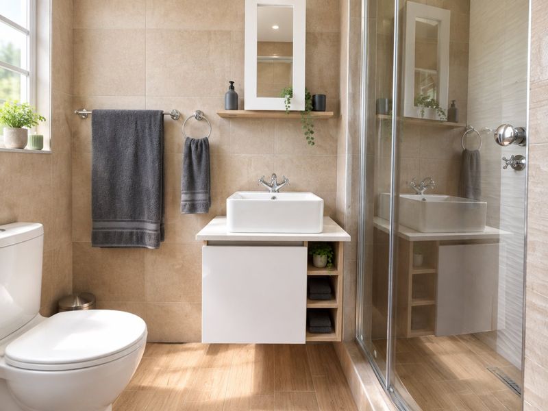 Modern bathroom featuring a vessel sink on a floating vanity, glass-enclosed shower, and neutral floor-to-ceiling tiling.