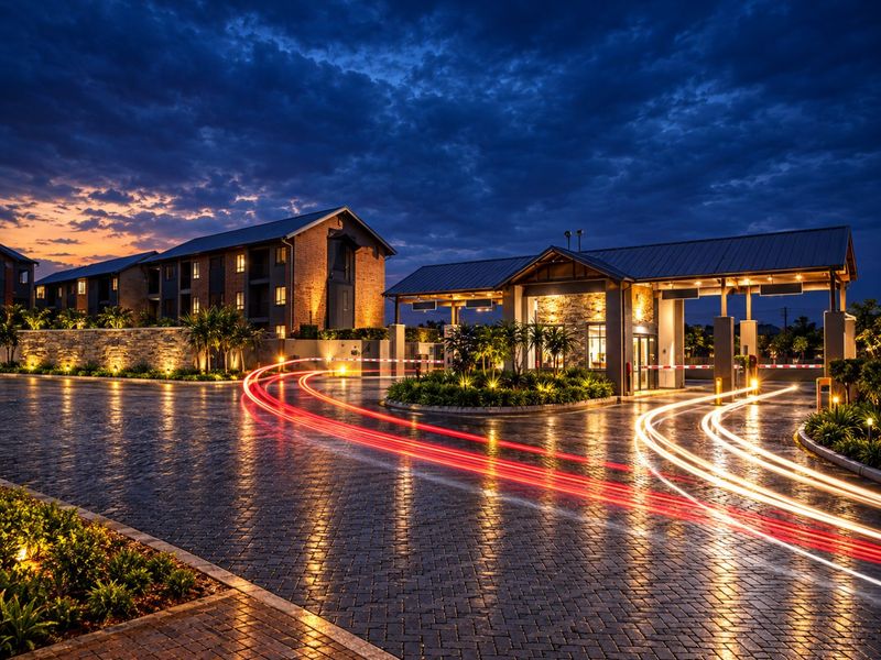 A professional evening shot of the townhouse complex entrance, featuring a modern security gatehouse, cobblestone driveway, and well-maintained landscaping.