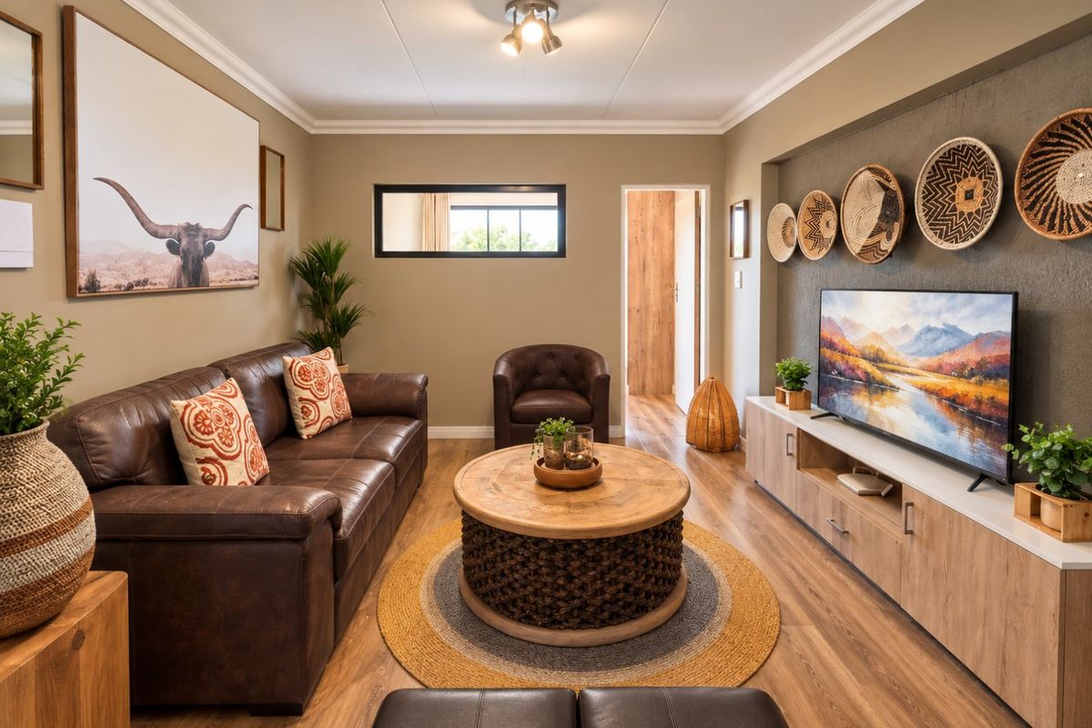 A well-maintained living room featuring laminate flooring, a textured feature wall, and coved ceiling details, creating a warm and inviting atmosphere.