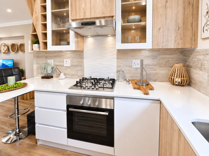 Modern kitchen featuring light wood-grain cabinetry, white quartz countertops, a gas hob with extractor fan, and stylish textured tile backsplash.