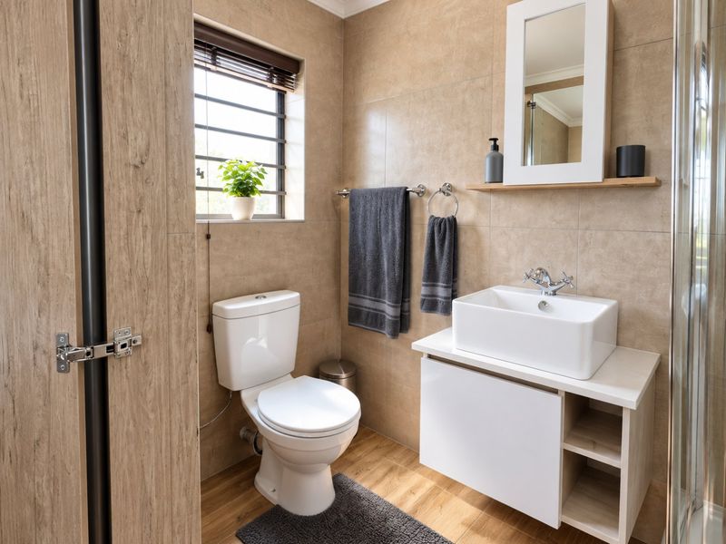Modern bathroom featuring a vessel sink on a vanity cabinet, neutral wall tiling, wood-look flooring, and a mirror cabinet.