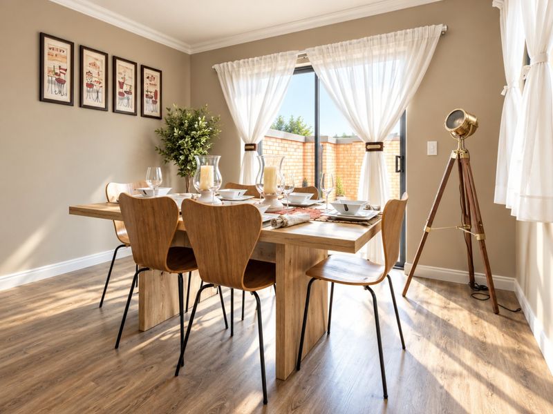 A bright and well-maintained dining room featuring modern laminate flooring, crown molding, and a sliding glass door providing access to the rear patio.