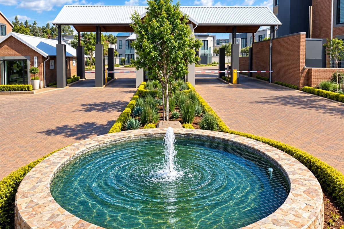 A well-maintained secure entrance to the townhouse complex featuring a paved driveway, landscaped gardens, and a central water fountain.