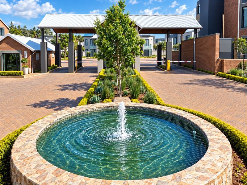 A well-maintained secure entrance to the townhouse complex featuring a paved driveway, landscaped gardens, and a central water fountain.