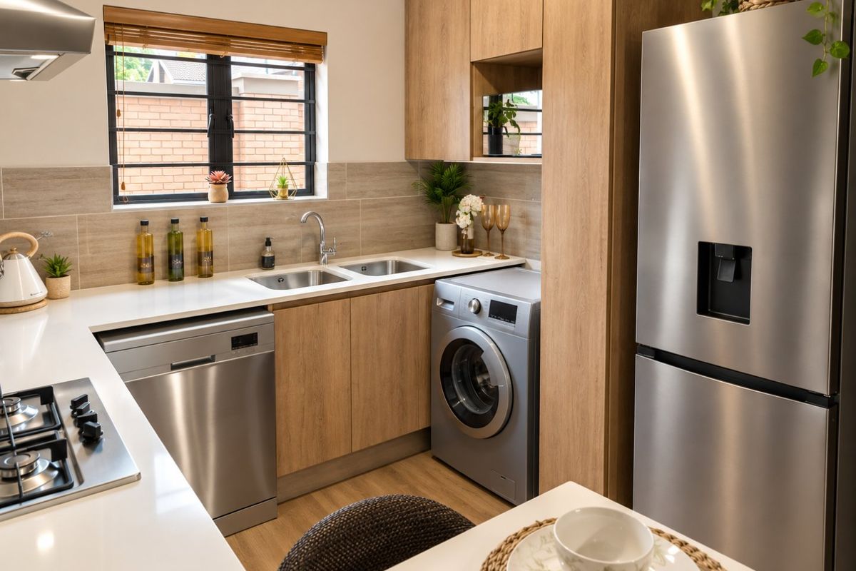 Modern kitchen featuring light wood cabinetry, stone-look countertops, integrated gas hob, extractor fan, and dedicated spaces for a dishwasher and washing machine.