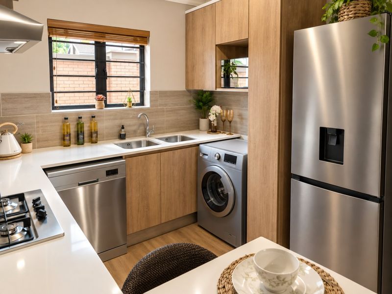 Modern kitchen featuring light wood cabinetry, stone-look countertops, integrated gas hob, extractor fan, and dedicated spaces for a dishwasher and washing machine.