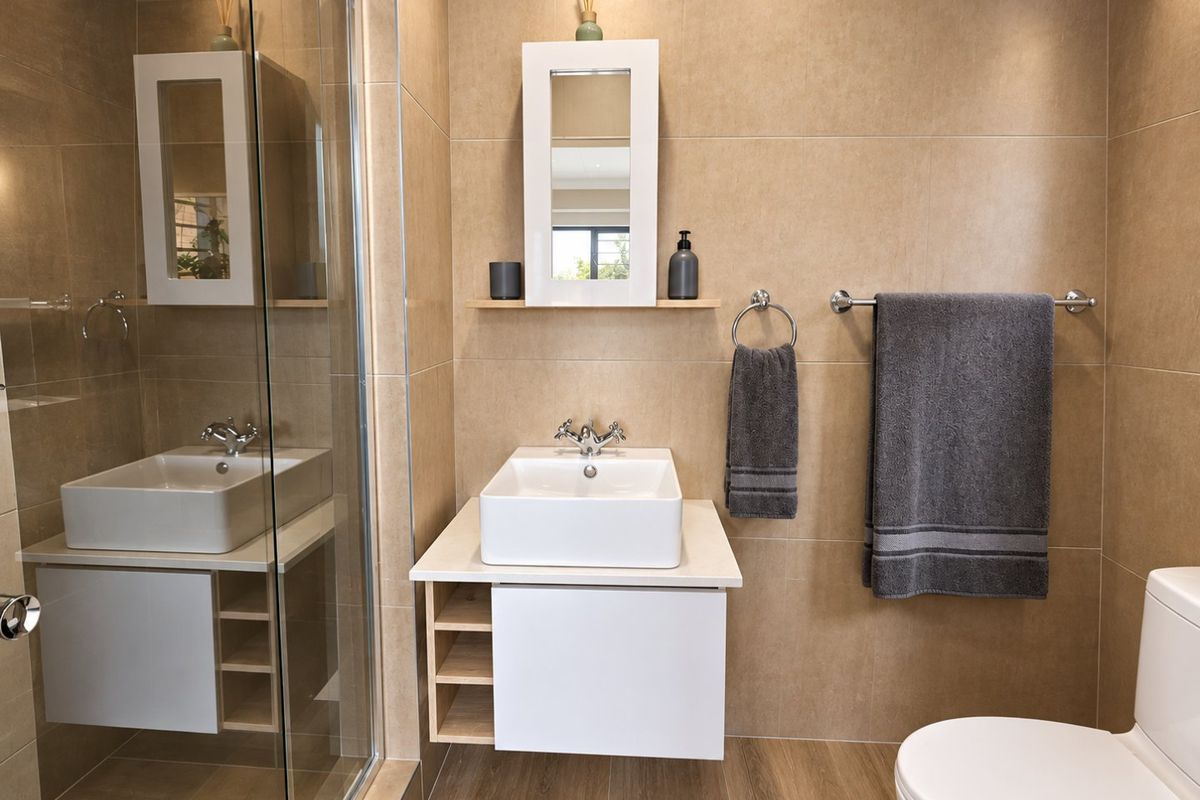 Modern bathroom featuring a wall-mounted vanity with vessel sink, glass shower enclosure, neutral wall tiling, and contemporary fixtures.