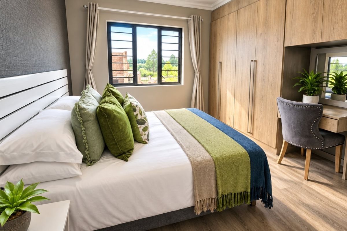 A well-appointed bedroom featuring modern laminate flooring, extensive built-in wooden cupboards, a integrated vanity area, and a window with security bars.