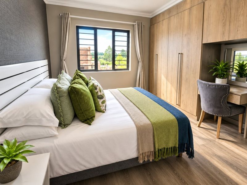 A well-appointed bedroom featuring modern laminate flooring, extensive built-in wooden cupboards, a integrated vanity area, and a window with security bars.