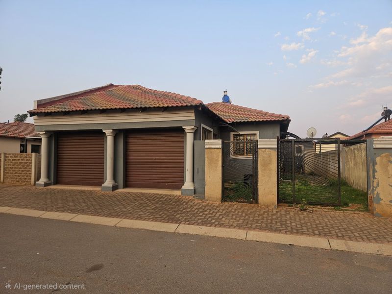Front elevation of a house featuring a double garage with roller shutter doors, concrete columns, and a paved driveway.