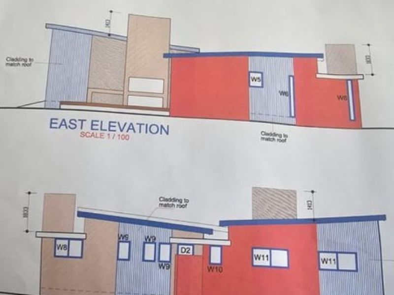 Architectural elevation drawing showing the proposed east facade design for the residential property.