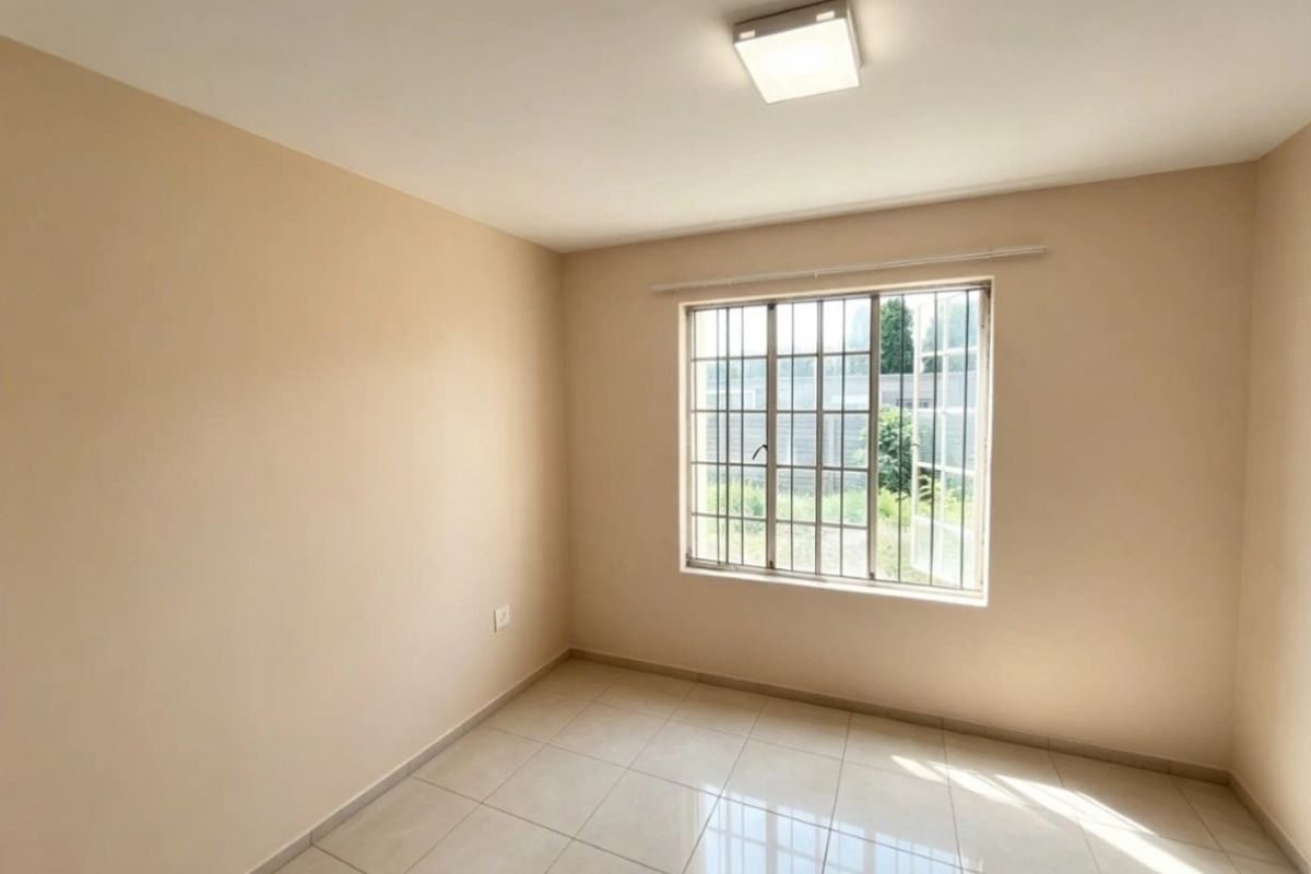 A clean, empty bedroom featuring neutral wall paint, tiled flooring, and a window fitted with security bars.