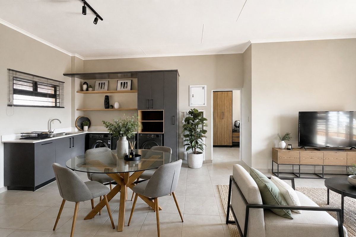 Modern open-plan living area featuring a sleek kitchen with dark cabinetry, tiled floors, and integrated laundry space, flowing into a comfortable lounge area.