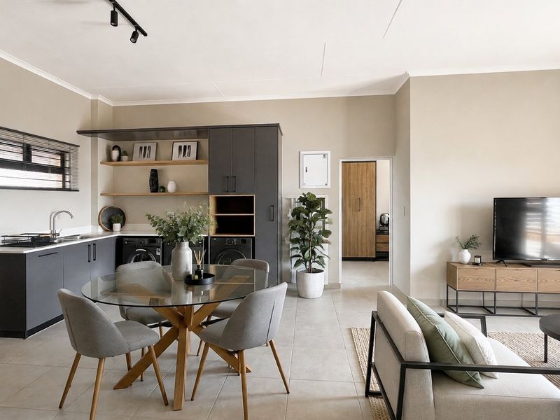 Modern open-plan living area featuring a sleek kitchen with dark cabinetry, tiled floors, and integrated laundry space, flowing into a comfortable lounge area.
