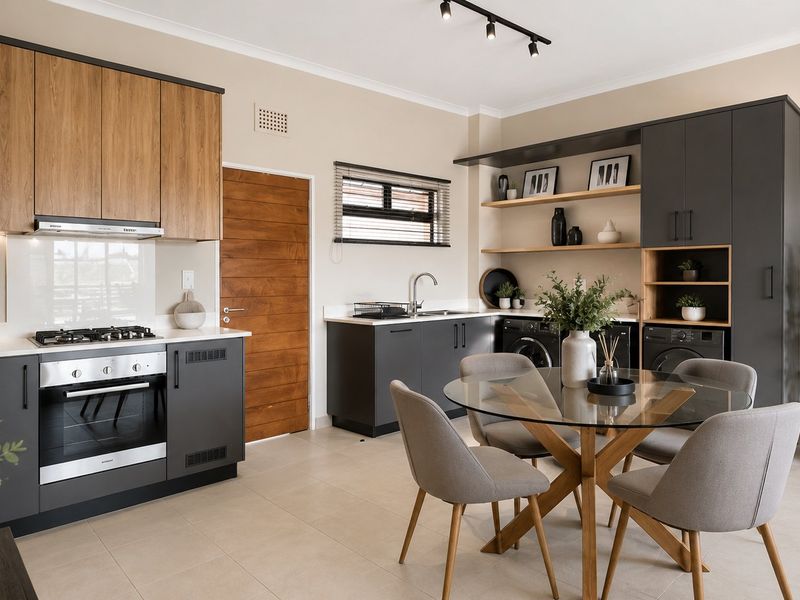 Modern open-plan kitchen featuring two-tone cabinetry, gas hob, built-in oven, and integrated laundry area with sleek finishes and contemporary track lighting.