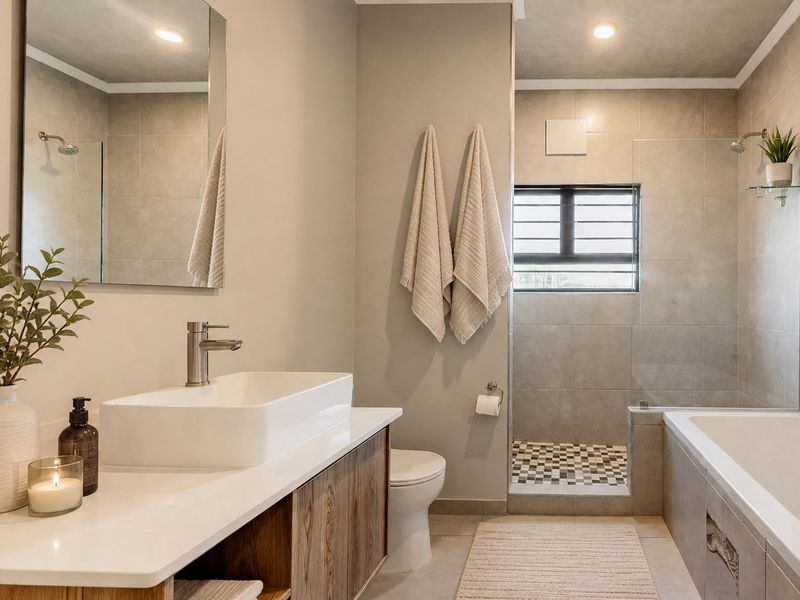 Modern bathroom featuring a vessel sink vanity, separate bathtub, and a walk-in shower with neutral tiling and contemporary fixtures.