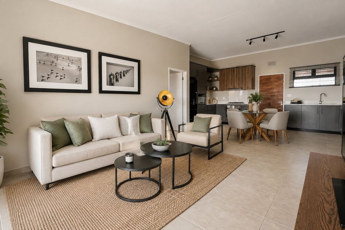 Modern open-plan living area featuring a well-appointed kitchen with dark cabinetry, tiled floors, and integrated appliances, flowing seamlessly into the lounge space.