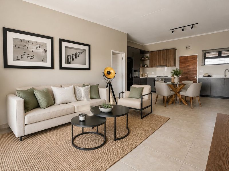 Modern open-plan living area featuring a well-appointed kitchen with dark cabinetry, tiled floors, and integrated appliances, flowing seamlessly into the lounge space.