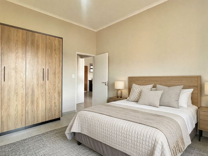 A well-maintained bedroom featuring neutral tones, tiled flooring, and a large built-in wooden wardrobe.
