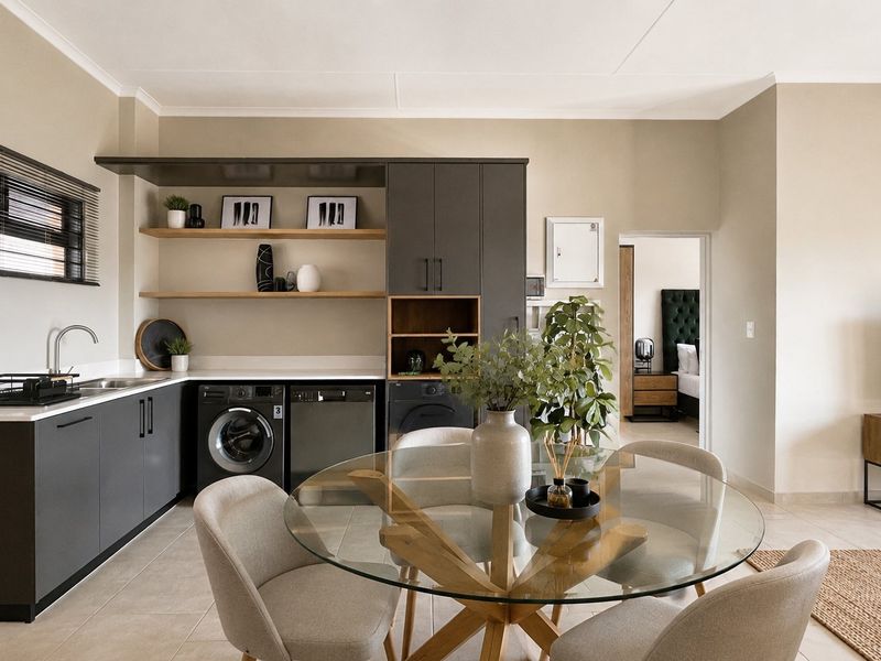 Modern open-plan living area featuring a sleek kitchen with dark cabinetry, stone countertops, integrated laundry appliances, and neutral tiled flooring.