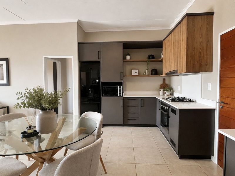 Modern open-plan kitchen featuring sleek dark cabinetry, stone countertops, integrated appliances, and tiled flooring, seamlessly flowing into the dining and living area.