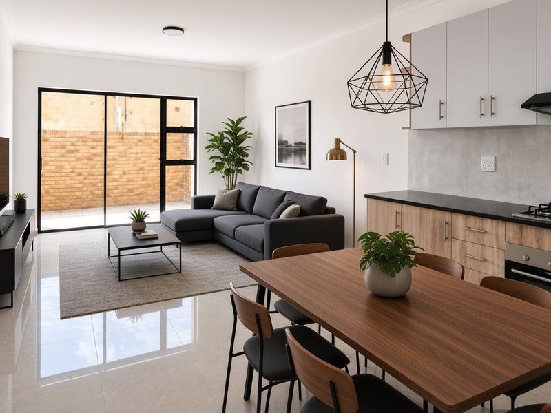 Modern open-plan living area featuring a contemporary kitchen with built-in appliances, tiled floors, and a sliding door leading to an outdoor space.