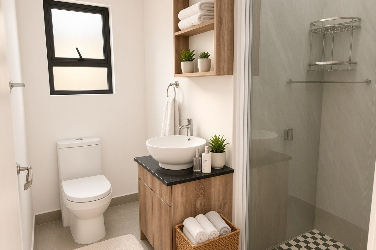 Modern bathroom featuring a vanity with vessel sink, a separate shower enclosure, and neutral tiled finishes.